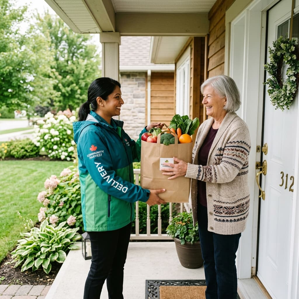 Myissues Charity doorstep grocery delivery โ a friendly delivery person hands fresh groceries to a senior at her door